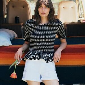 Scotch & Soda Black & White Checkered Smocked Peplum Top size Small